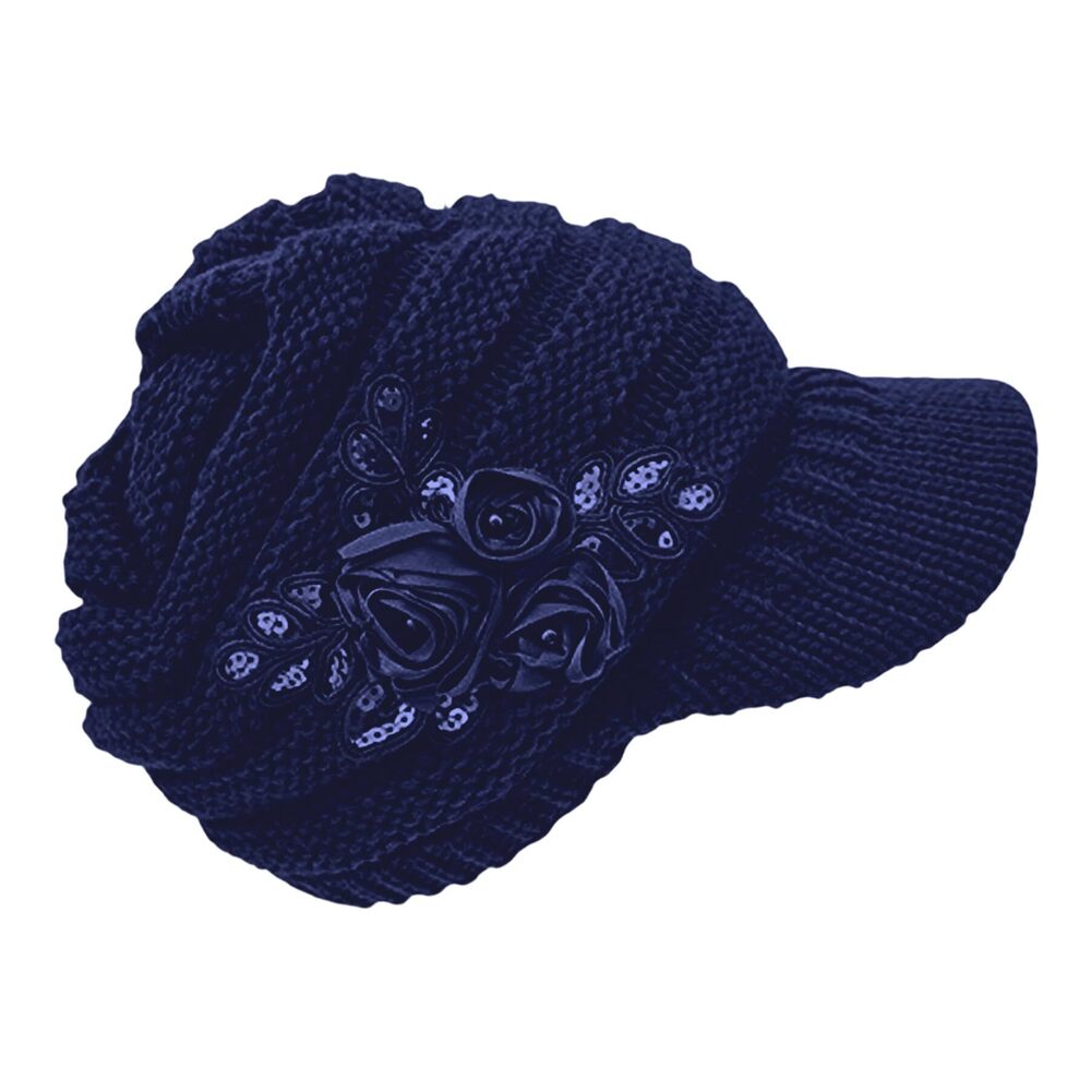 6228 C-US Winter Warm Knit Hat Crochet Visor Brim Cap with Flower Accent
